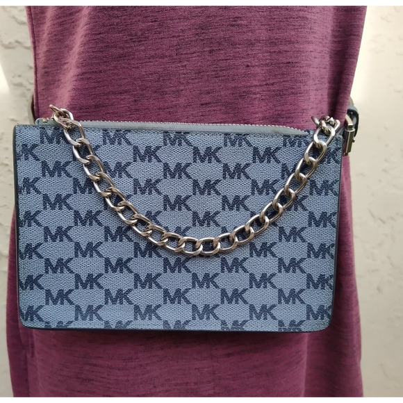 Michael Kors Blue Denim MK Logo Silver Chain Pull Women's Waist Pack Bell Bag - Picture 15 of 16